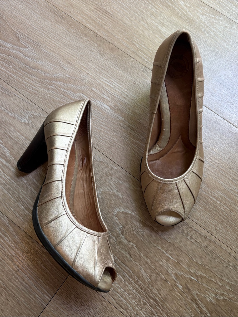 Nurture Metallic Gold Peep-Toe Block Heel Pumps